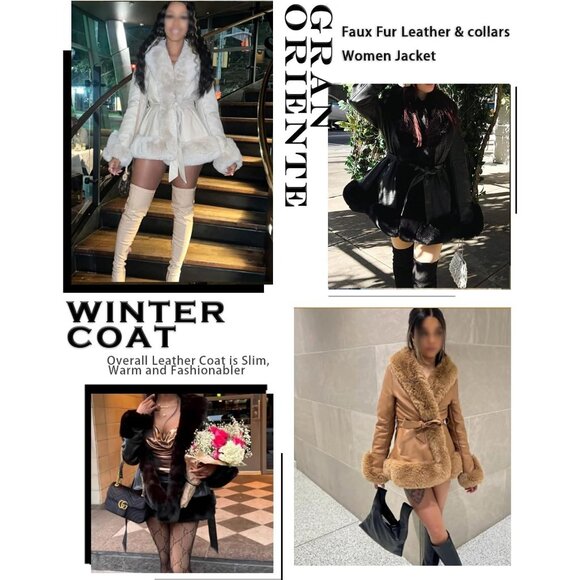 Women's Black Gran Oriente Faux Leather Winter Coat Fur Collar and Belted Design - Picture 5 of 5